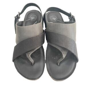 Otot Size 7 Leather Wedge Sandals Ankle Strap Black Gray Slingback Gladiator